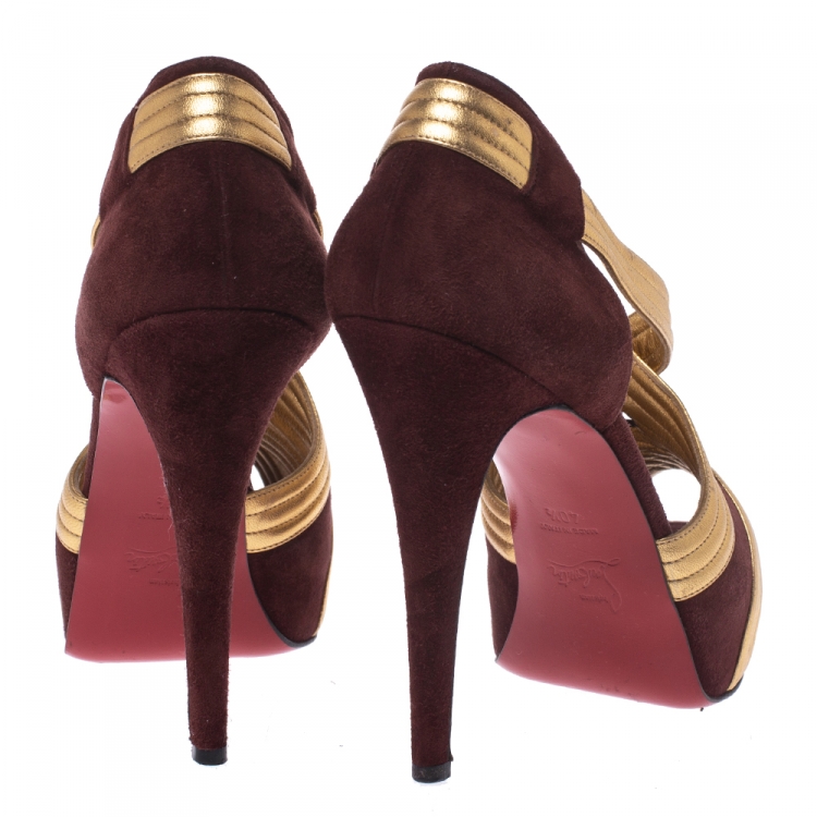Pre Owned Christian Louboutin Burgundy/Gold Suede And Leather Criss Cross Strap Peep Toe Platform Pumps Size 40.5
