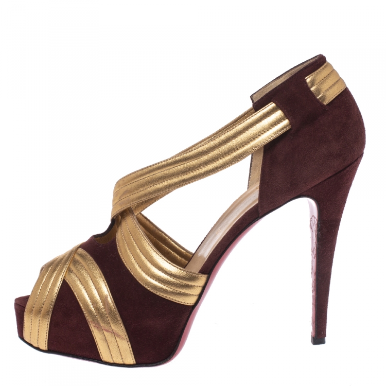 Pre Owned Christian Louboutin Burgundy/Gold Suede And Leather Criss Cross Strap Peep Toe Platform Pumps Size 40.5