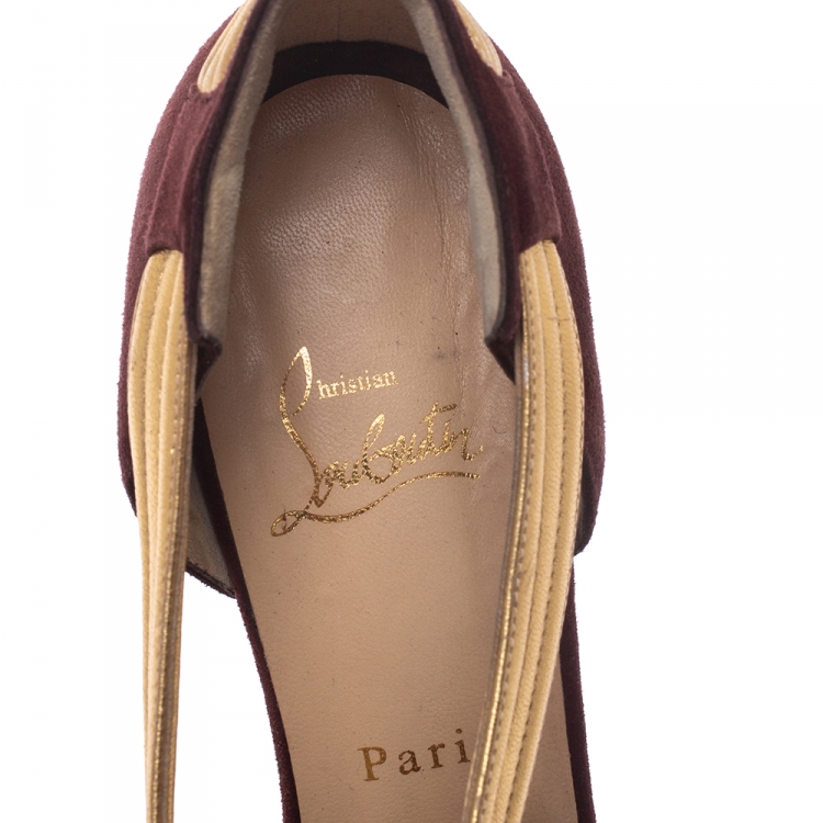 Pre Owned Christian Louboutin Burgundy/Gold Suede And Leather Criss Cross Strap Peep Toe Platform Pumps Size 40.5