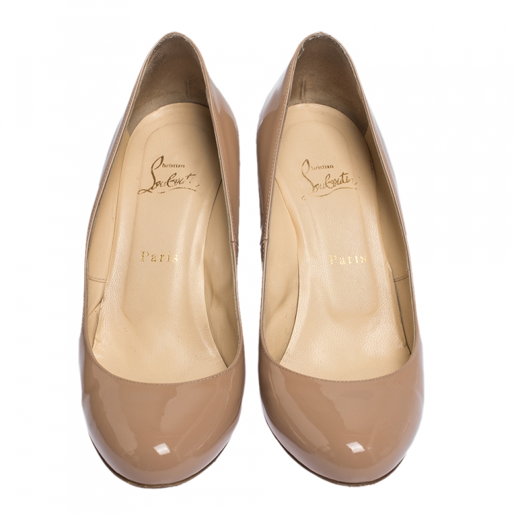 Pre Owned Christian Louboutin Beige Patent Leather RonRon Zeppa Wedge Pumps Size 39.5