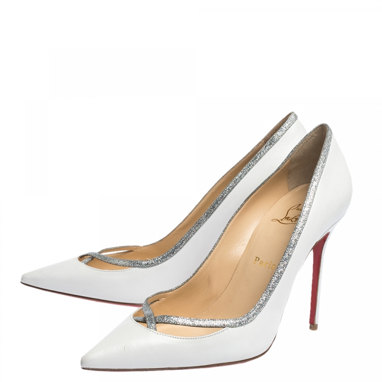 Pre Owned Christian Louboutin White Leather And Glitter Trim Pointed Toe Pumps Size 40