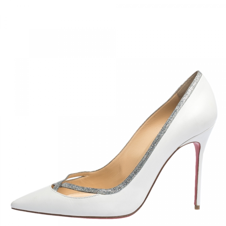 Pre Owned Christian Louboutin White Leather And Glitter Trim Pointed Toe Pumps Size 40
