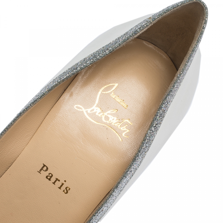Pre Owned Christian Louboutin White Leather And Glitter Trim Pointed Toe Pumps Size 40