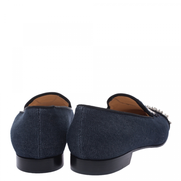 مملوكة مسبقًا Christian Louboutin Blue/Black Denim And Patent Spiked Cap Toe Harvanana Smoking Slippers Size 40.5