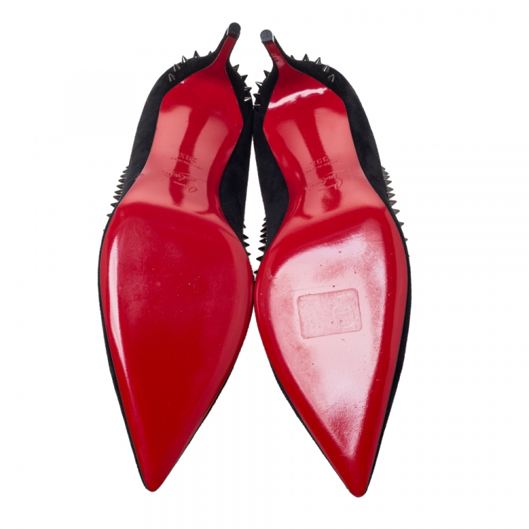 Pre Owned Christian Louboutin Black Suede Anjalina Spike Trim Pointed Toe Pumps Size 39.5