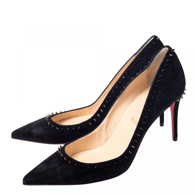 Pre Owned Christian Louboutin Black Suede Anjalina Spike Trim Pointed Toe Pumps Size 39.5