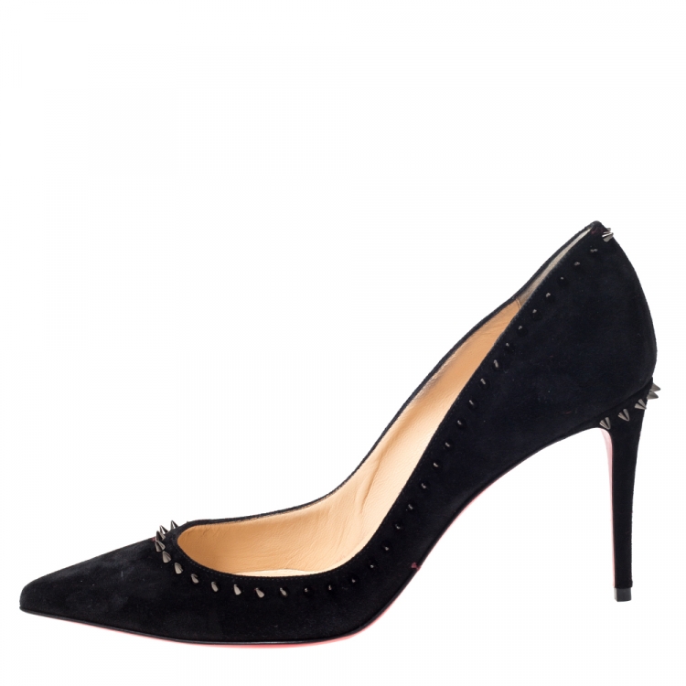 Pre Owned Christian Louboutin Black Suede Anjalina Spike Trim Pointed Toe Pumps Size 39.5