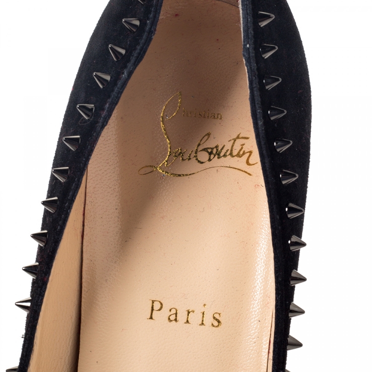 Pre Owned Christian Louboutin Black Suede Anjalina Spike Trim Pointed Toe Pumps Size 39.5