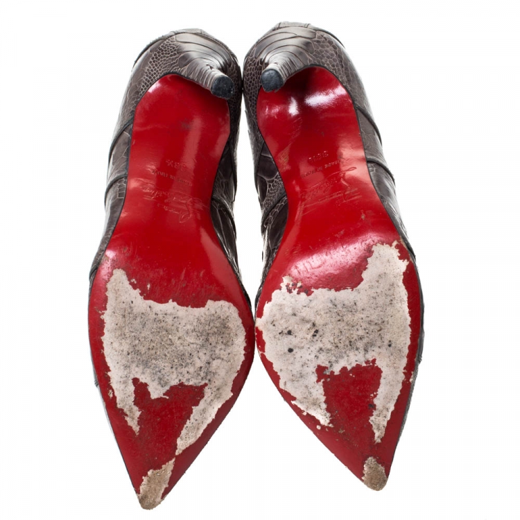Pre Owned Christian Louboutin Grey Ostrich Leather Zermadame Ankle Booties Size 38.5