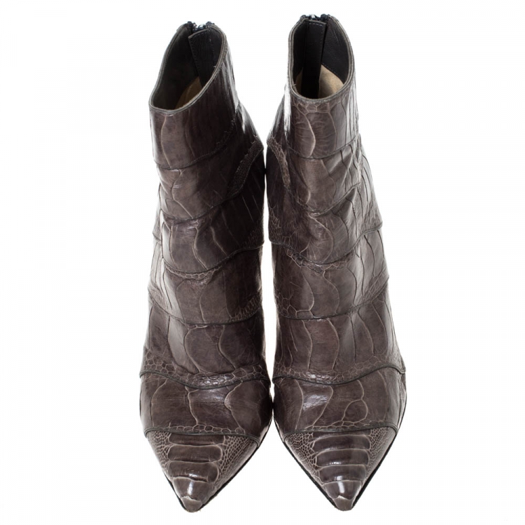 Pre Owned Christian Louboutin Grey Ostrich Leather Zermadame Ankle Booties Size 38.5