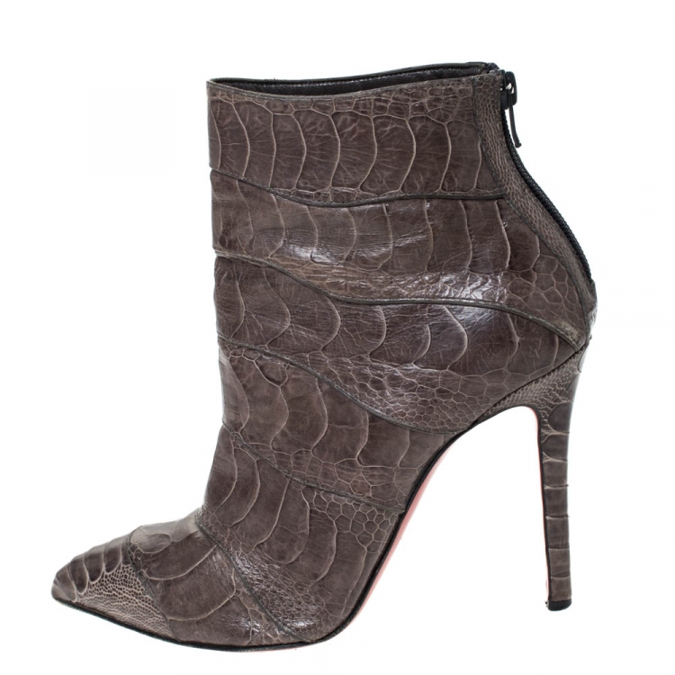 Pre Owned Christian Louboutin Grey Ostrich Leather Zermadame Ankle Booties Size 38.5