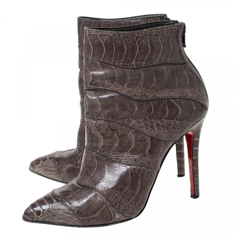 Pre Owned Christian Louboutin Grey Ostrich Leather Zermadame Ankle Booties Size 38.5
