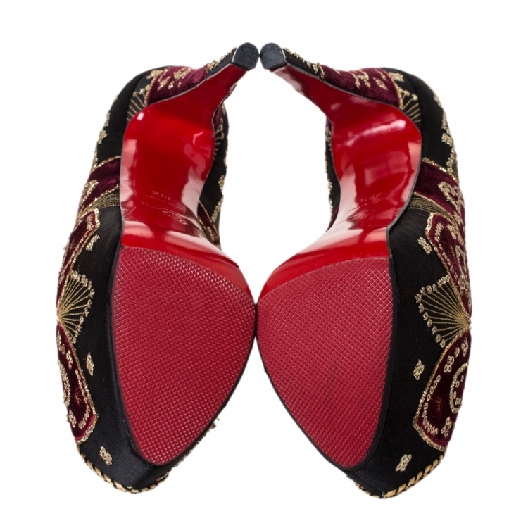 Pre Owned Christian Louboutin Black Satin And Burgundy Embroidered Velvet Highness Sombrero Platform Peep Toe Pumps Size 38.5 