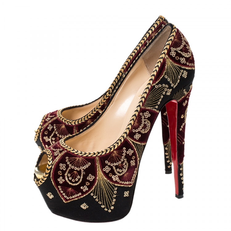 Pre Owned Christian Louboutin Black Satin And Burgundy Embroidered Velvet Highness Sombrero Platform Peep Toe Pumps Size 38.5 