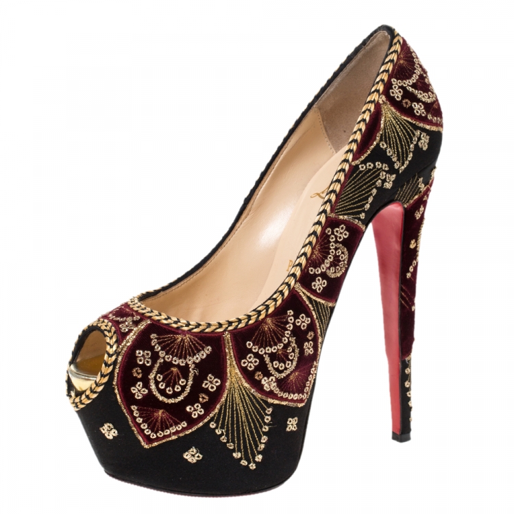 Pre Owned Christian Louboutin Black Satin And Burgundy Embroidered Velvet Highness Sombrero Platform Peep Toe Pumps Size 38.5 