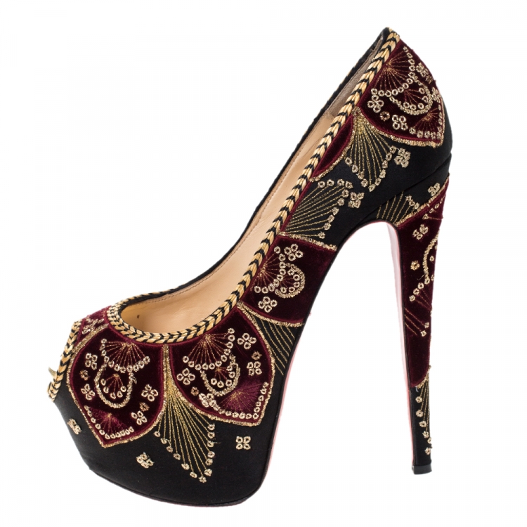 Pre Owned Christian Louboutin Black Satin And Burgundy Embroidered Velvet Highness Sombrero Platform Peep Toe Pumps Size 38.5 