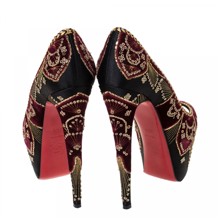 Pre Owned Christian Louboutin Black Satin And Burgundy Embroidered Velvet Highness Sombrero Platform Peep Toe Pumps Size 38.5 