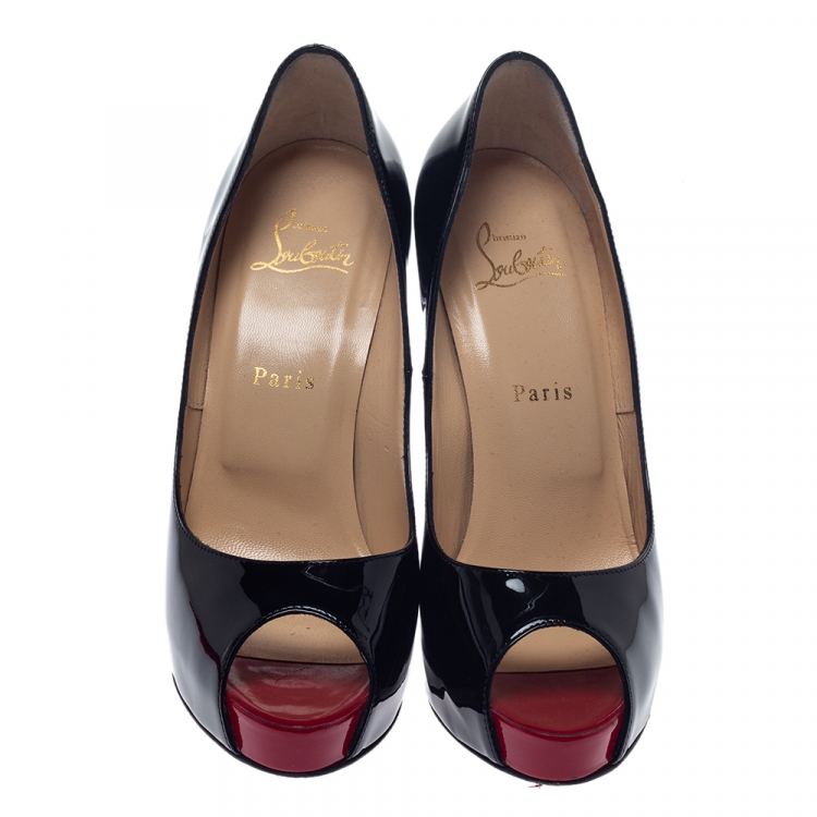 Pre Owned Christian Louboutin Black Patent Leather New Very Prive Peep Toe Platform Pumps Size 38.5