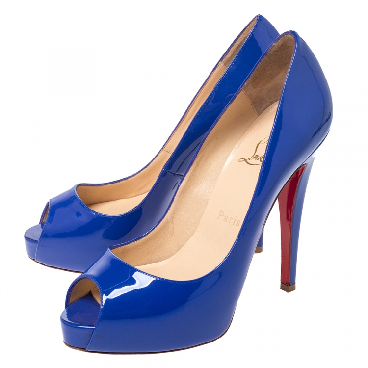 Pre Owned Christian Louboutin Blue Patent Leather Peep Toe Very Prive Pump Size 37