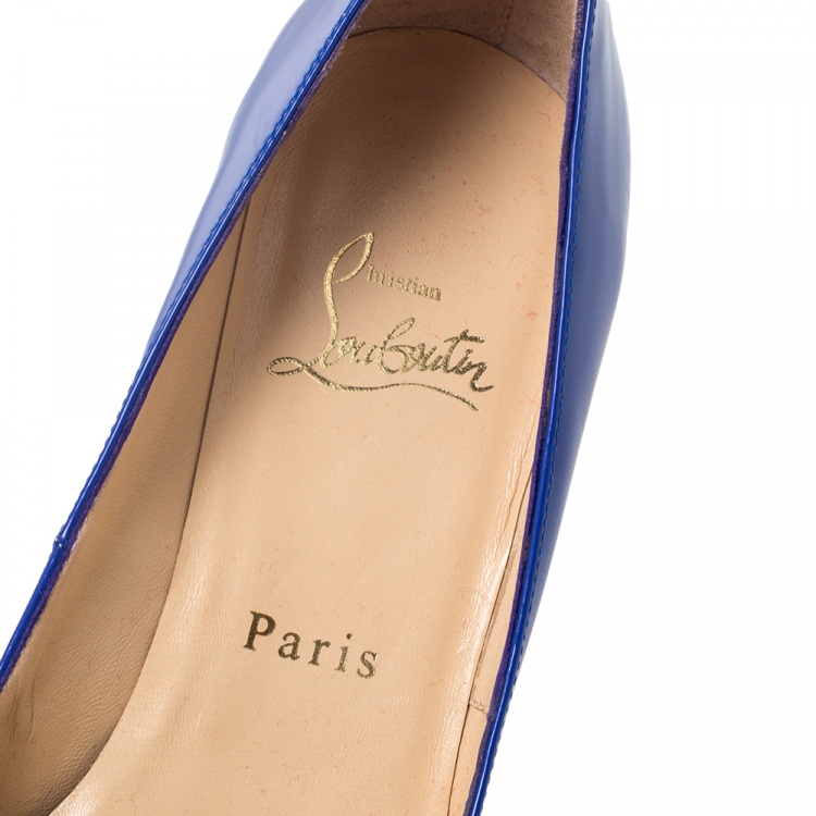 Pre Owned Christian Louboutin Blue Patent Leather Peep Toe Very Prive Pump Size 37