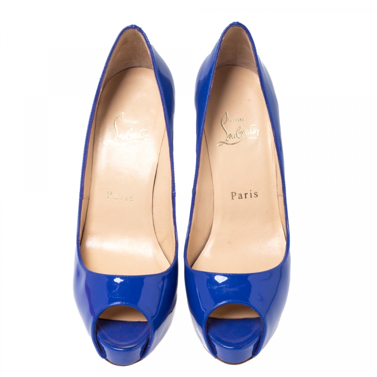 Pre Owned Christian Louboutin Blue Patent Leather Peep Toe Very Prive Pump Size 37