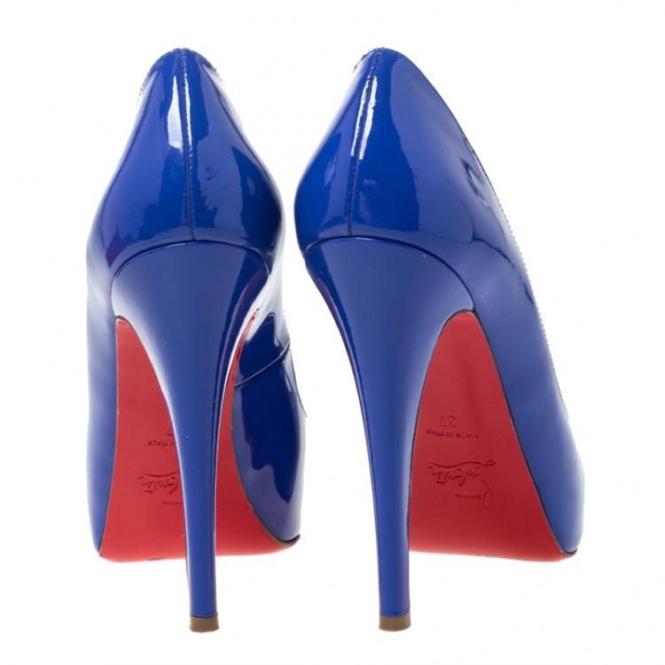 Pre Owned Christian Louboutin Blue Patent Leather Peep Toe Very Prive Pump Size 37