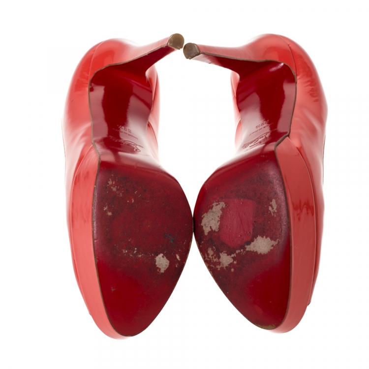 مملوكة مسبقًا Christian Louboutin Orange Patent Leather Lady Peep Toe Platform Pumps Size 39.5