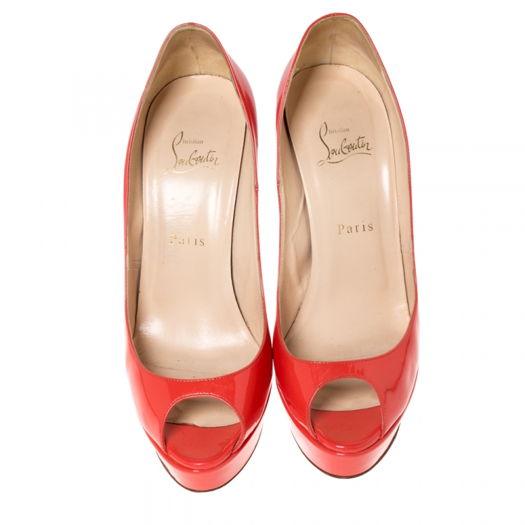 مملوكة مسبقًا Christian Louboutin Orange Patent Leather Lady Peep Toe Platform Pumps Size 39.5