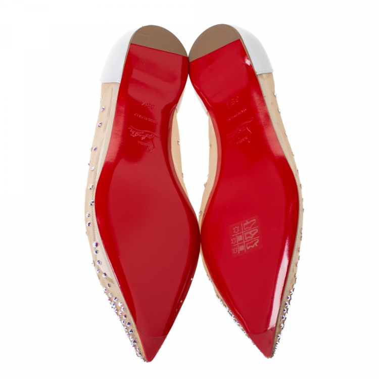 Pre Owned Christian Louboutin White Leather And Mesh Follies Strass Ballet Flats Size 38.5