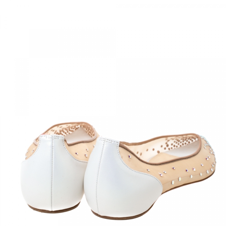 Pre Owned Christian Louboutin White Leather And Mesh Follies Strass Ballet Flats Size 38.5