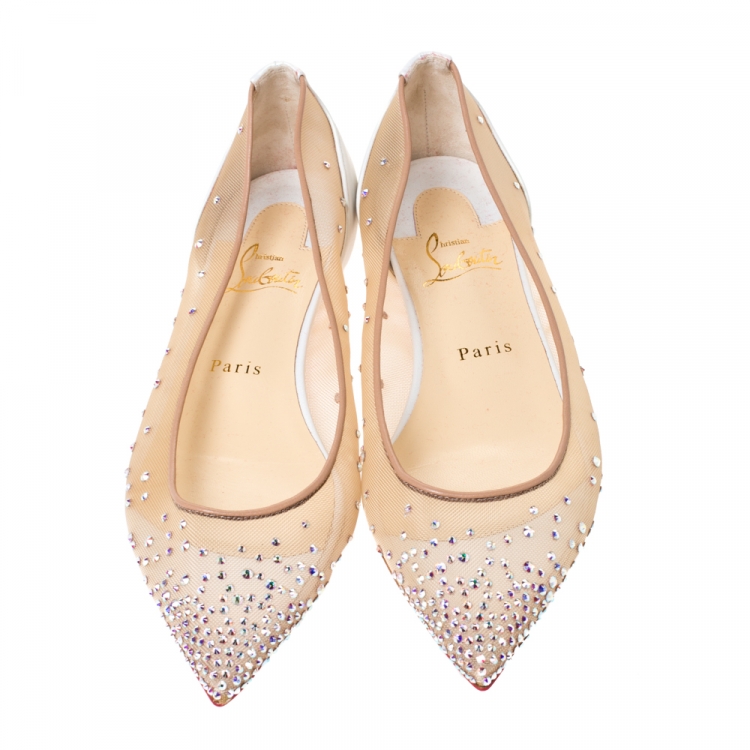 Pre Owned Christian Louboutin White Leather And Mesh Follies Strass Ballet Flats Size 38.5