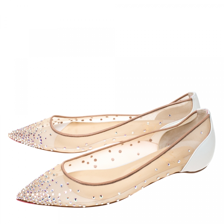 Pre Owned Christian Louboutin White Leather And Mesh Follies Strass Ballet Flats Size 38.5