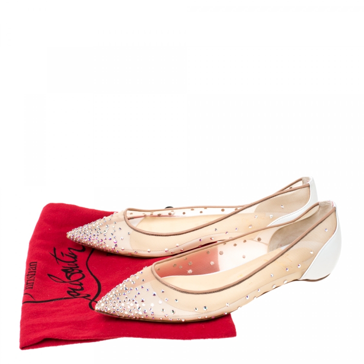 Pre Owned Christian Louboutin White Leather And Mesh Follies Strass Ballet Flats Size 38.5