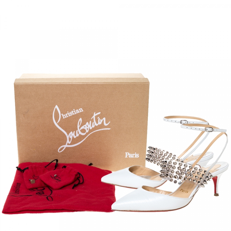 Pre Owned Christian Louboutin White Lizard Embossed Leather and PVC Levita 55 Studded Ankle Wrap Sandals Size 36