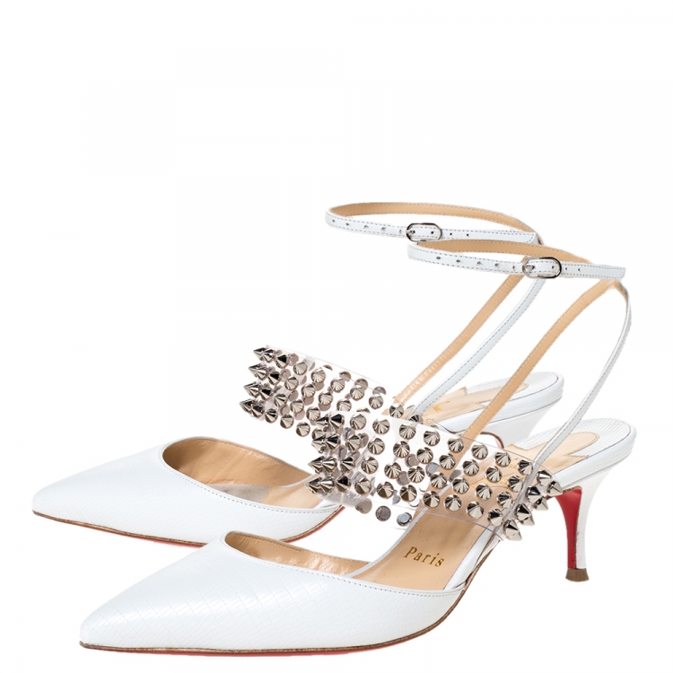 Pre Owned Christian Louboutin White Lizard Embossed Leather and PVC Levita 55 Studded Ankle Wrap Sandals Size 36
