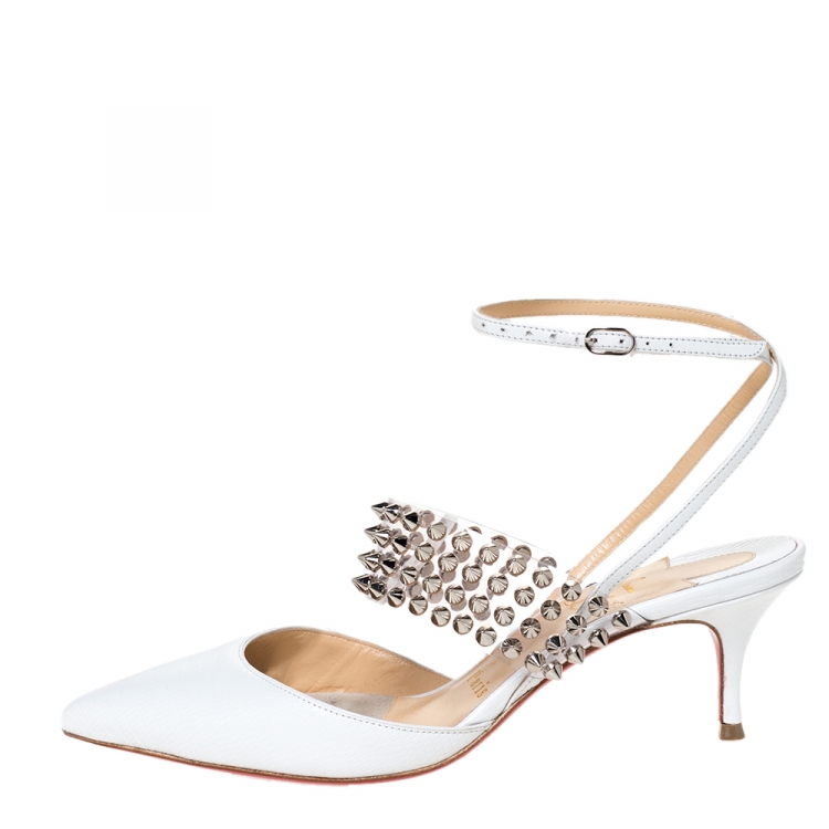 Pre Owned Christian Louboutin White Lizard Embossed Leather and PVC Levita 55 Studded Ankle Wrap Sandals Size 36