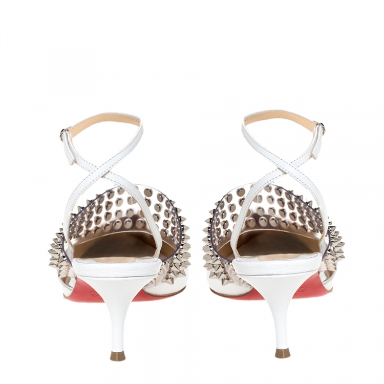 Pre Owned Christian Louboutin White Lizard Embossed Leather and PVC Levita 55 Studded Ankle Wrap Sandals Size 36