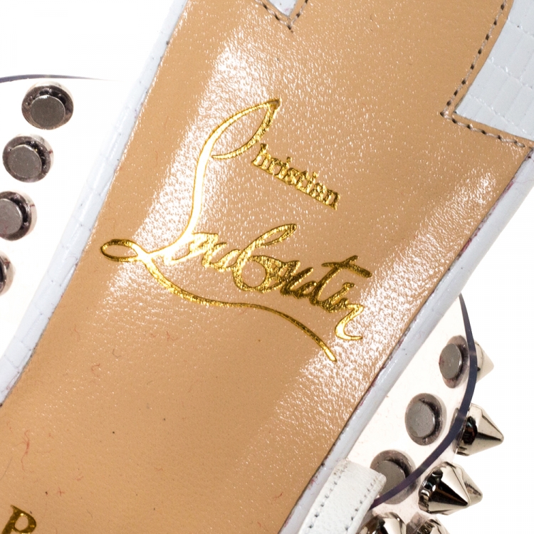 Pre Owned Christian Louboutin White Lizard Embossed Leather and PVC Levita 55 Studded Ankle Wrap Sandals Size 36
