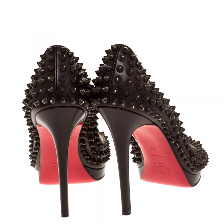 Pre Owned Christian Louboutin Brown Leather Yolanda Spiked Peep Toe Platform Pumps Size 39