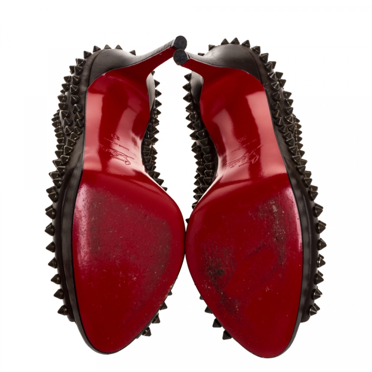 Pre Owned Christian Louboutin Brown Leather Yolanda Spiked Peep Toe Platform Pumps Size 39