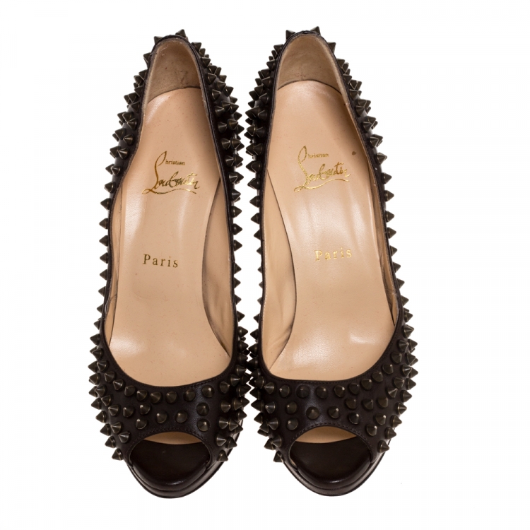 Pre Owned Christian Louboutin Brown Leather Yolanda Spiked Peep Toe Platform Pumps Size 39