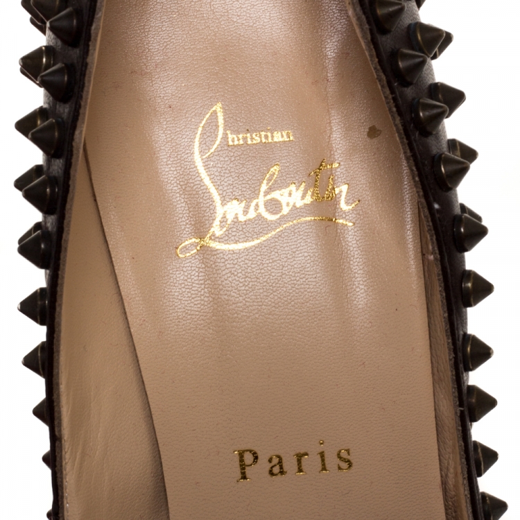 Pre Owned Christian Louboutin Brown Leather Yolanda Spiked Peep Toe Platform Pumps Size 39