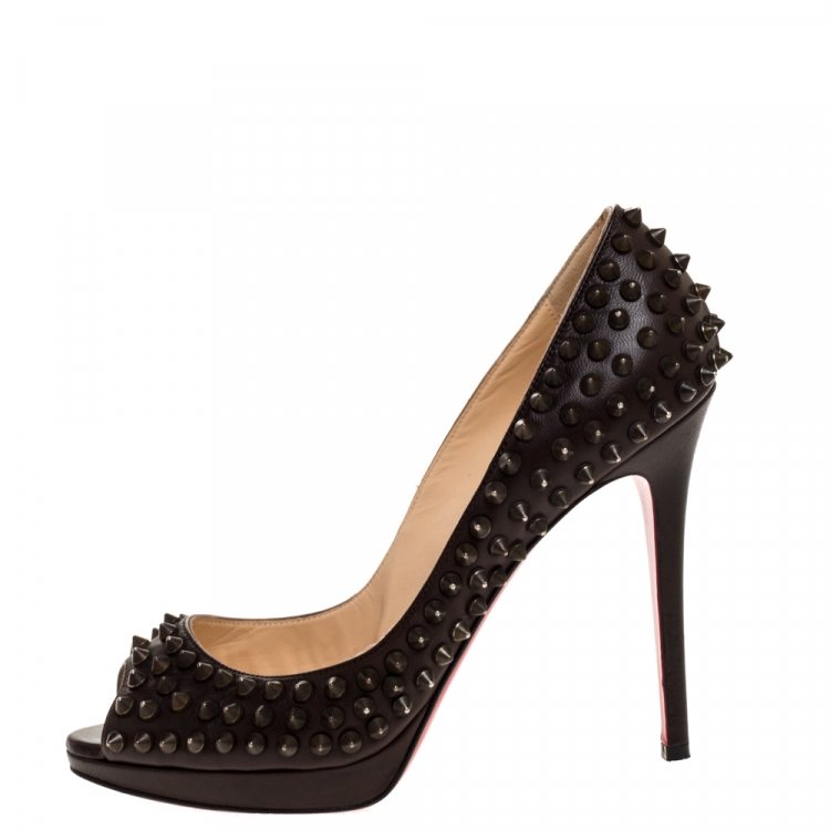 Pre Owned Christian Louboutin Brown Leather Yolanda Spiked Peep Toe Platform Pumps Size 39
