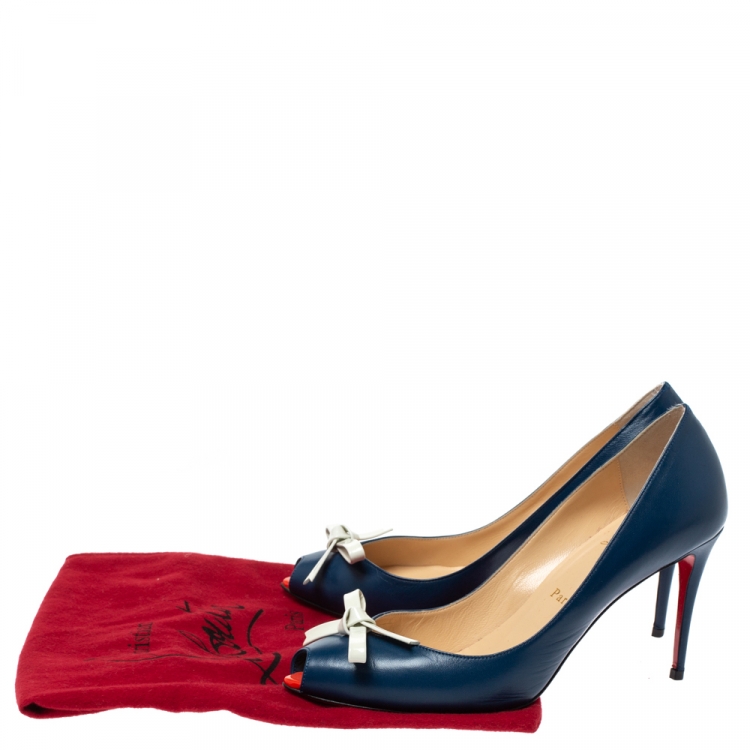 Pre Owned Christian Louboutin Blue Leather Tibunodo Bow Peep Toe Pumps Size 38.5