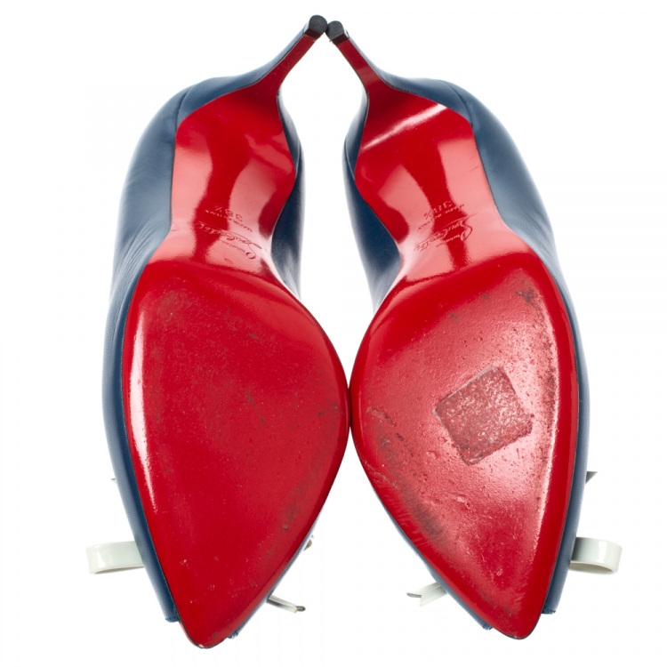 Pre Owned Christian Louboutin Blue Leather Tibunodo Bow Peep Toe Pumps Size 38.5