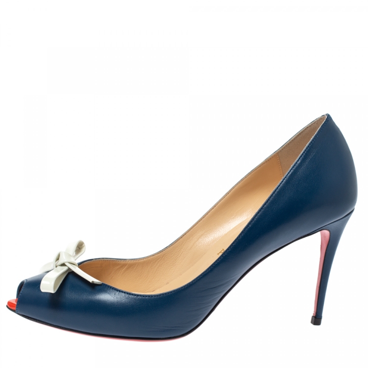 Pre Owned Christian Louboutin Blue Leather Tibunodo Bow Peep Toe Pumps Size 38.5