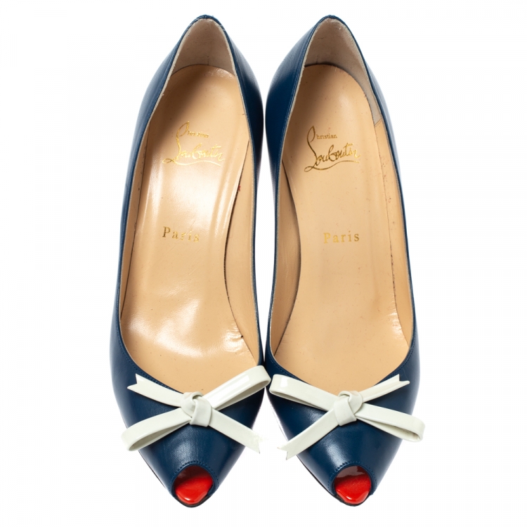 Pre Owned Christian Louboutin Blue Leather Tibunodo Bow Peep Toe Pumps Size 38.5
