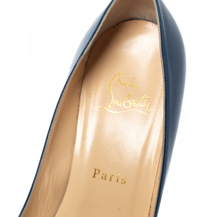 Pre Owned Christian Louboutin Blue Leather Tibunodo Bow Peep Toe Pumps Size 38.5