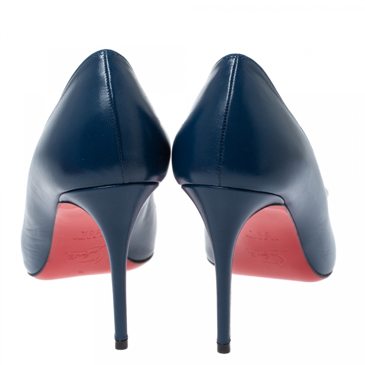 Pre Owned Christian Louboutin Blue Leather Tibunodo Bow Peep Toe Pumps Size 38.5