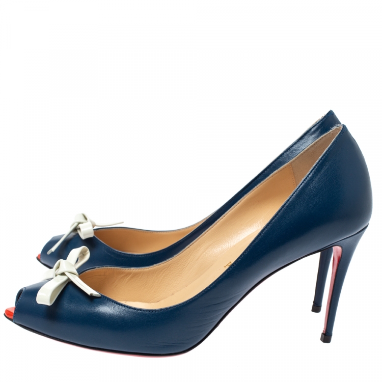Pre Owned Christian Louboutin Blue Leather Tibunodo Bow Peep Toe Pumps Size 38.5